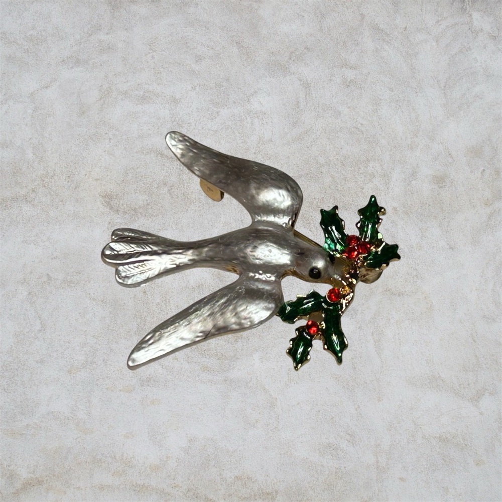 Silver Dove Brooch with Green and Red Accents - Picture 3 of 4
